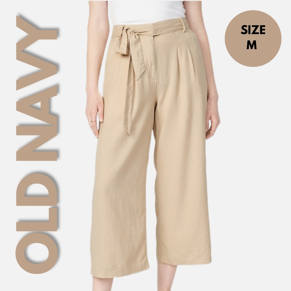NWT Old Navy Beige High-Waisted Linen Belted Cropped Wide-Leg Pants Size M
